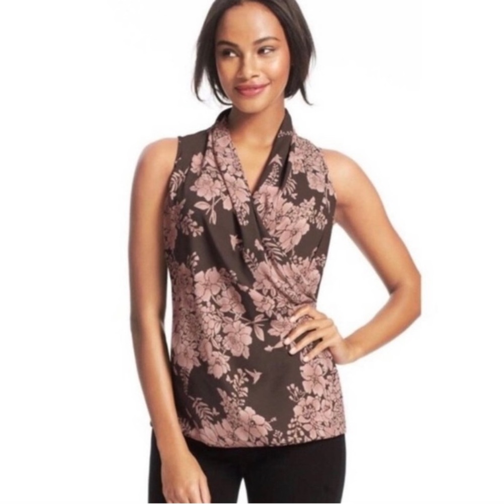 Cabi Rosewater Floral Faux Wrap Blouse Brown Pink Sleeveless 594 Womens